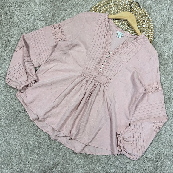 Sundance Spirit Lake Top Blouse Pintucks Ruffle Sleeve Boho Coquette in Pink L - Picture 3 of 16